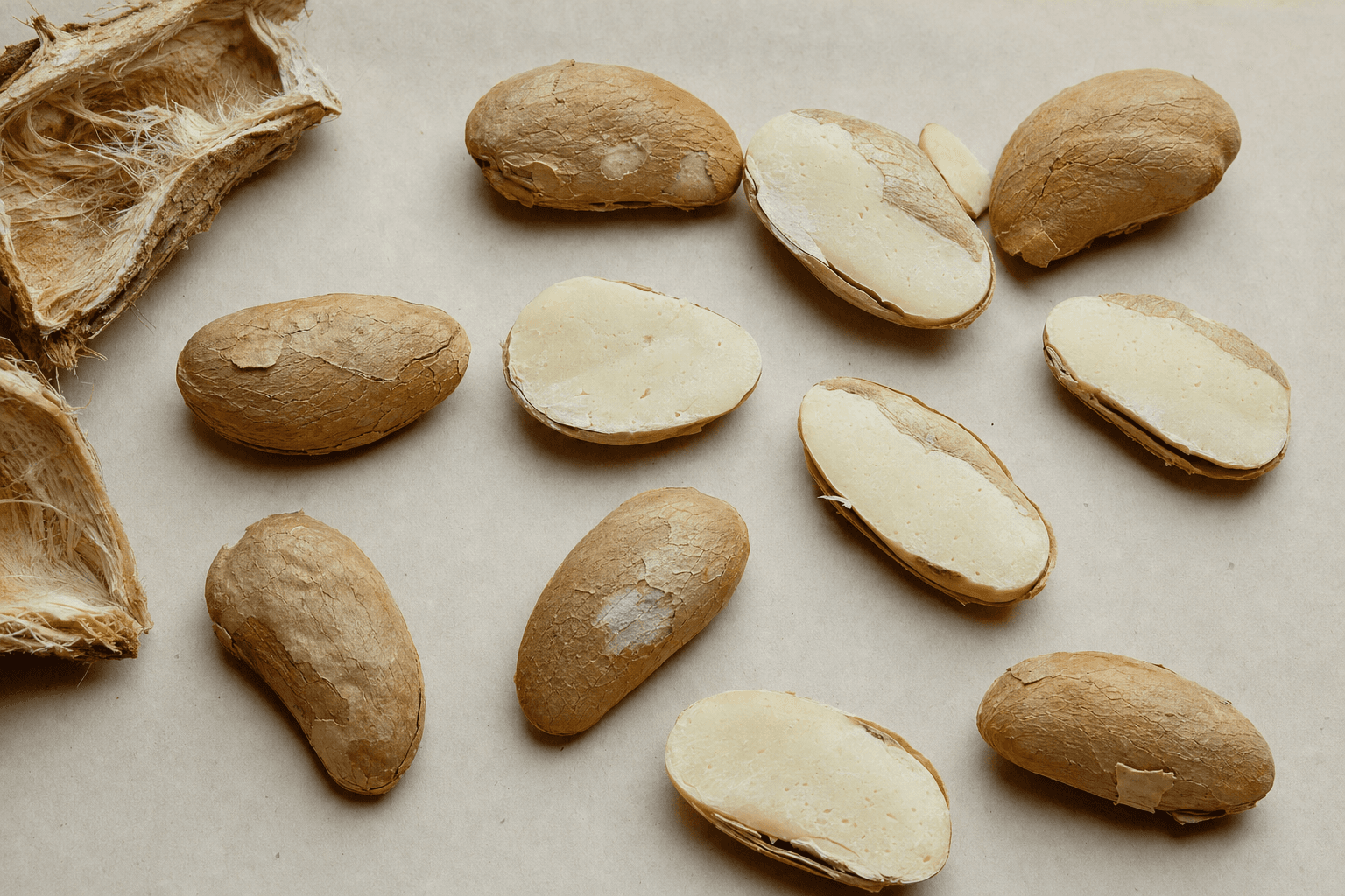 Dried mango kernels on paper